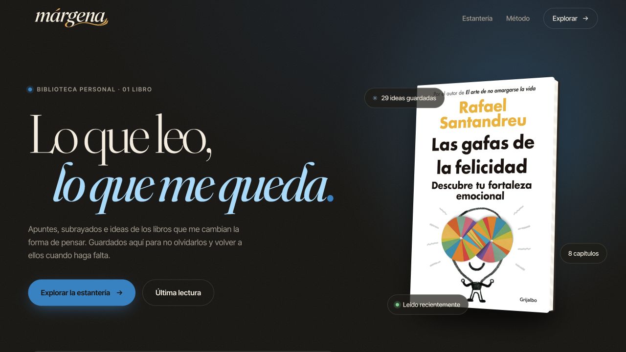Captura real de la portada de Márgena, con su biblioteca y un libro en 3D